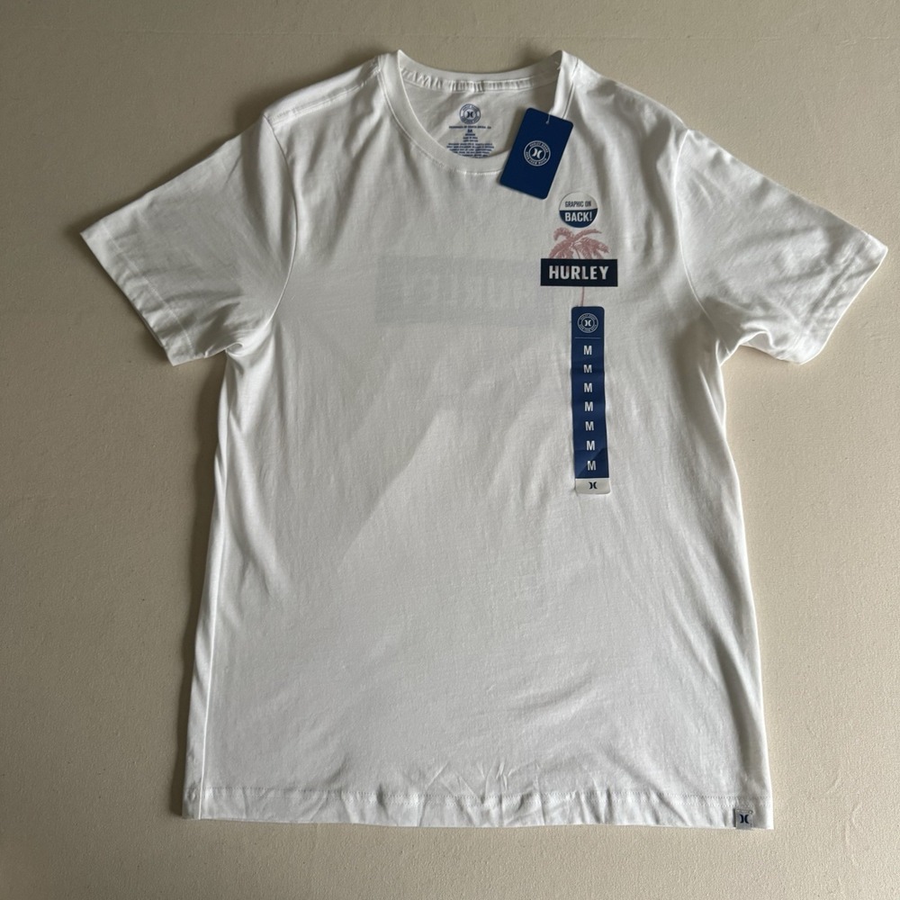 NWT Men's White Hurley Size Medium Palm Tree T-Shirt Graphics On Front & Back - Picture 3 of 9